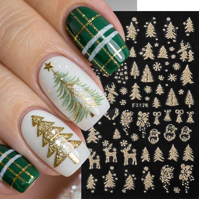 Christmas Nail Art Stickers Decals Gold Glitter Snowflake Snowy Tree Nail Decals 6PCS Snowflakes Deer Snowman Bell Leaf Christmas Nails Design Adhesive Stickers Manicure Nail Art Supplies for Women