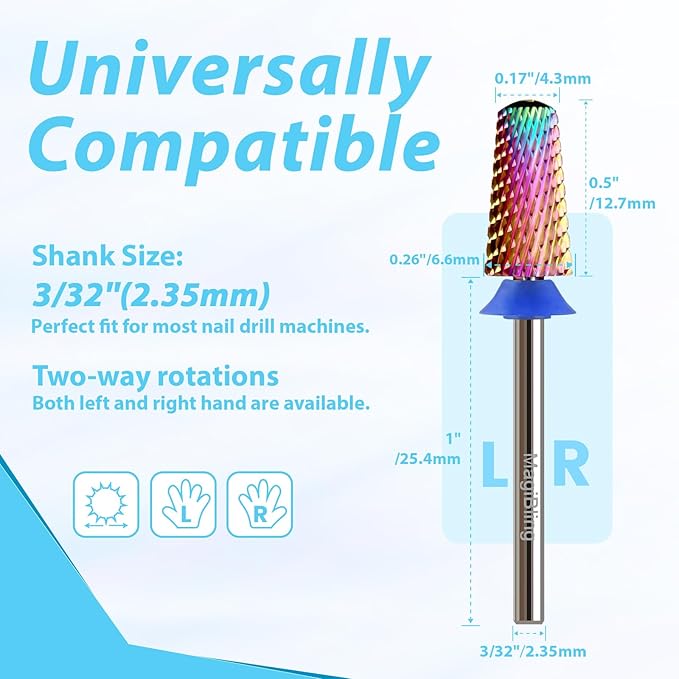 Round Top Nail Drill Bits, Cross Cut Tapered 3/32'' Safety Tungsten Carbide Professional Bit, Remove Gel Fast, Left Right Hand Use, Acrylic Nail Polish, Technicians Bits, Grit: Medium.