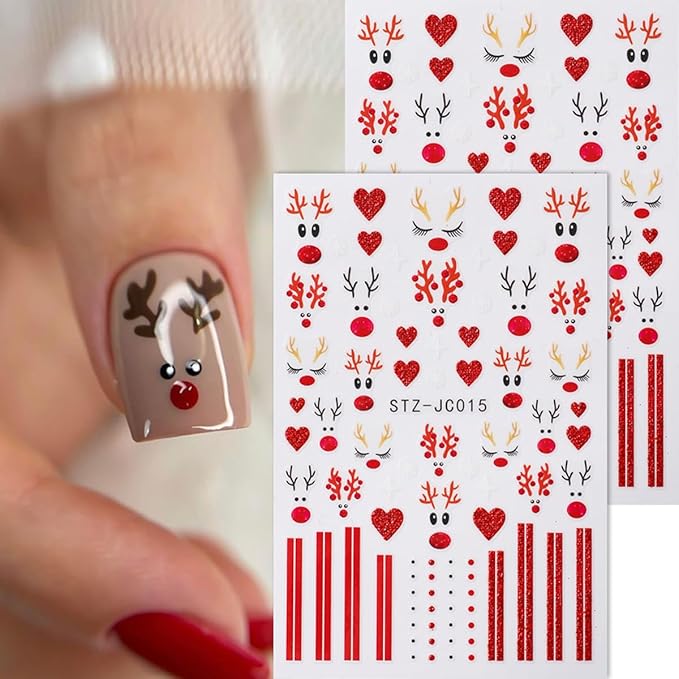 3D Christmas Nail Stickers for Nail Art, Elk Winter Penguin Nail Decals Nail Art Supplies 6PCS Red Elk Penguins Tree Xmas Nails Design Adhesive Sticker for Women Holiday DIY Manicure Nail Decorations