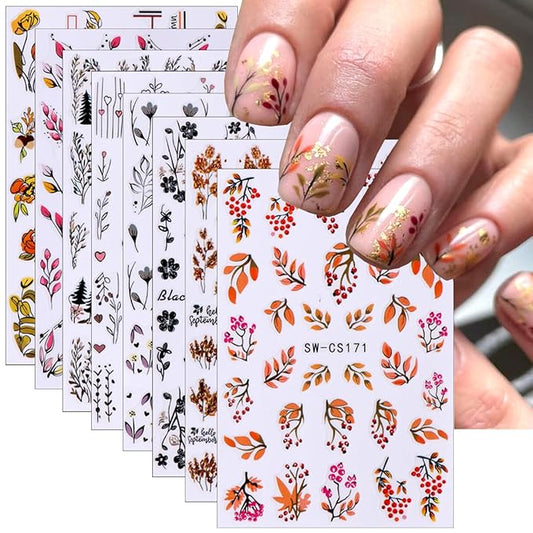 8Sheets Fall Leaves Nail Art Stickers, 3D Black Leaf Flowers Love Autumn Leaves Adhesive Nail Stickers Nail Supplies Flower Designs Slider Decal for Women Nail Decorations Thanksgiving Day Accessories