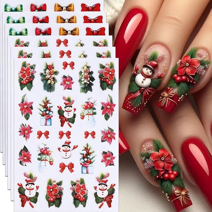 6Pcs Christmas Nail Stickers Red Green Bow Nail Decals DIY Self Adhesive Christmas Tree Poinsettia Group Snowman Cute Design Nail Decoration Supplies Holiday Manicure Accessories for Women Girls