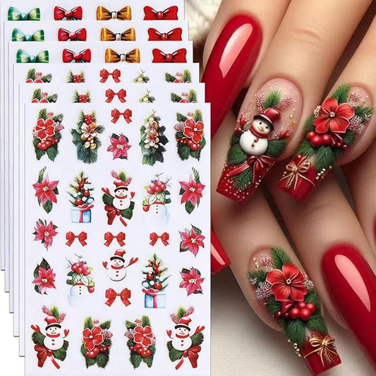 6Pcs Christmas Nail Stickers Red Green Bow Nail Decals DIY Self Adhesive Christmas Tree Poinsettia Group Snowman Cute Design Nail Decoration Supplies Holiday Manicure Accessories for Women Girls