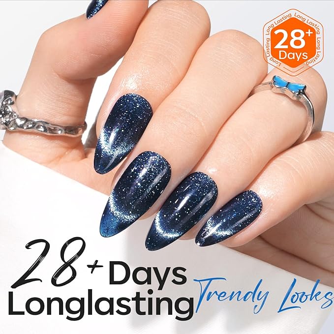 modelones Cat Eye Gel Nail Polish,Blue Glass Nail Polish Sparkle Reflective Glitter Polish Spring Deep Navy Blue Translucent U V Magnet Soak Off LED Nail Art Gel Top Coat DIY Salon 15 ML