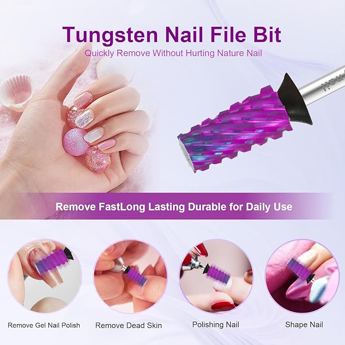 Cnynail 3/32" Large Tapered Barrel Flat Bit Tungsten Carbide Nail Drill Bit Safety Bit for Gel & Acrylic Removal, 2- Way Rotating Efile Tip, Salon Electric File Accessory (XC Girt, Purple)