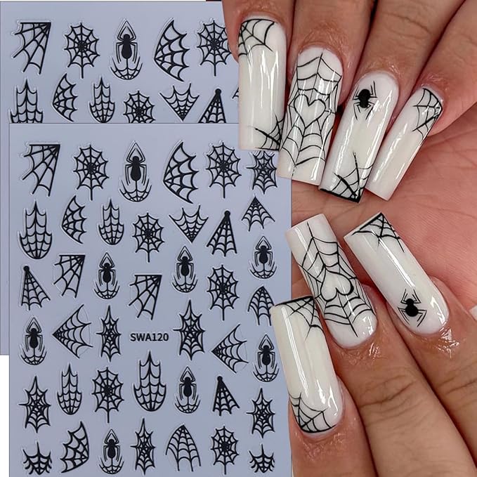 8Pcs Spider Nail Art Stickers 3D Self Adhesive Horror Goth Nail Decals Black White Gold Silver Halloween Nail Stickers Holiday Nail Design Supplies Spider Web Sticker for Women Manicure Decoration