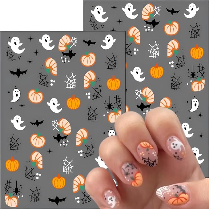 12 Sheets Halloween Nail Stickers for Nail Art 3D Self Adhesive Mummy & Cute Ghost Nail Decals Halloween Nail Stickers with Spider Pumpkin Spider Web Nails Design Flower Nails Supplies for Women Girls