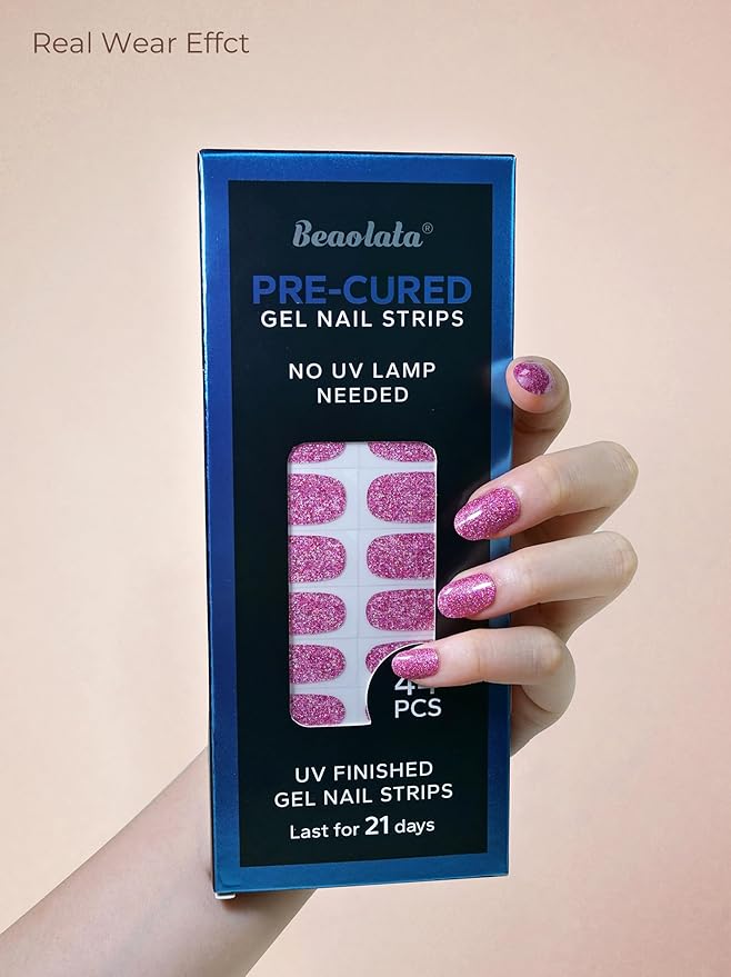 Pre Cured Gel Nail Strips - 44PCS Salon Quality Gel Nail Stickers - Long Lasting Polish Wraps for Women no UV Light Needed Easy Apply& Remove (Neon Pink)
