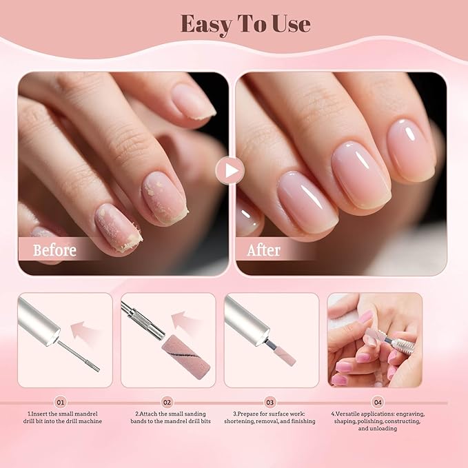 100 Pcs Nail Drill Bits Sanding Bands for Nail Drill, Nail Tips for Drill Bits Nail Tech,180 Fine Grit Nail File Sanding Bands for Acrylic Nails Gel Manicures and Pedicure, Pink