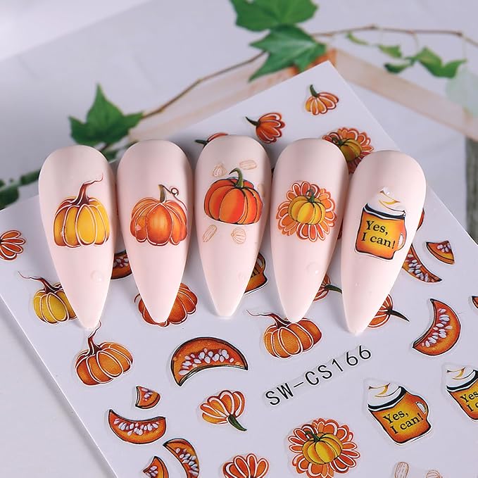 Fall Nail Stickers Decals 12 Sheets Autumn Leaves Nail Art Decals Pumpkins Drinking Maple Leaves Flower Nails Design 3D Self-Adhesive Holiday Thanksgiving Sliders Manicure Nail Decoration