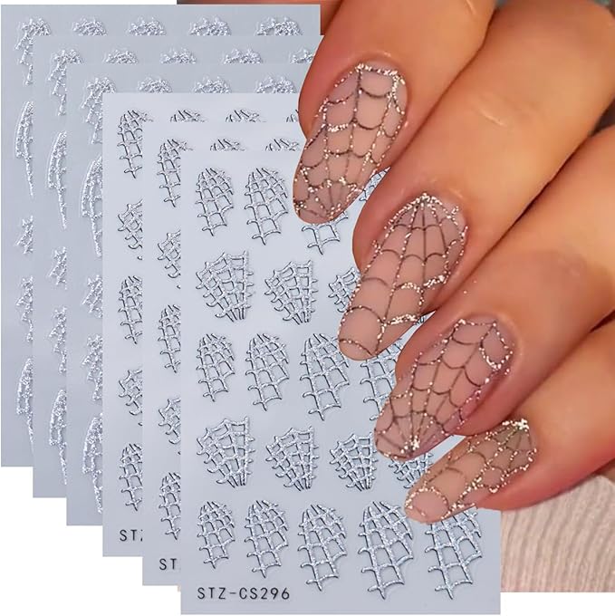 Spider Web Nail Art Stickers 3D Self-Adhesive Halloween Nail Decals 6PCS Glitter Sliver Spider Web Halloween Nails Design Manicure Supply Transfer Sliders for Women Holiday DIY Nail Art Decorations