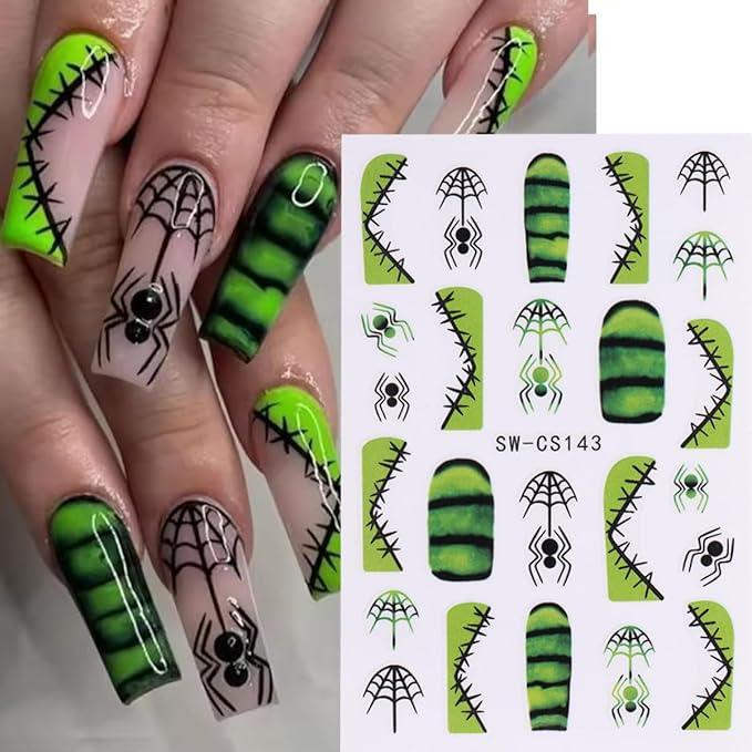 Halloween Nail Art Stickers 3D Self-Adhesive Nail Decals Nail Art Supplies 8PCS Pink French Flame Pumpkin Spider Web Ghost Eyeball Halloween Nails Adhesive Sliders for Women DIY Manicure Decorations