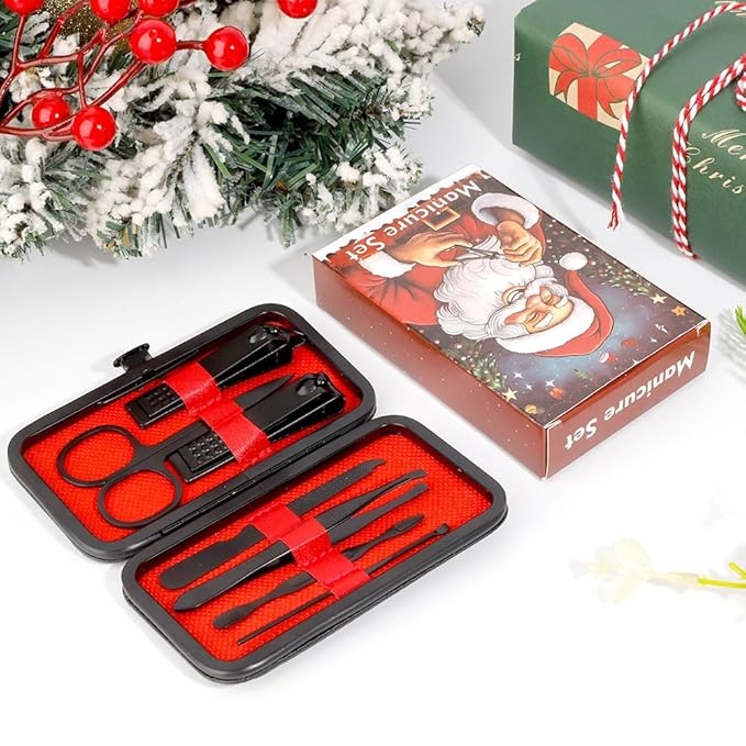 Christmas Stocking Stuffers Nail Clippers for Men Manicure Kit Nail Tweezers Professional Stainless Steel with Leather Travel Case for Boyfriend Husband College Dorm Essentials Tool Set 7 in 1 Black