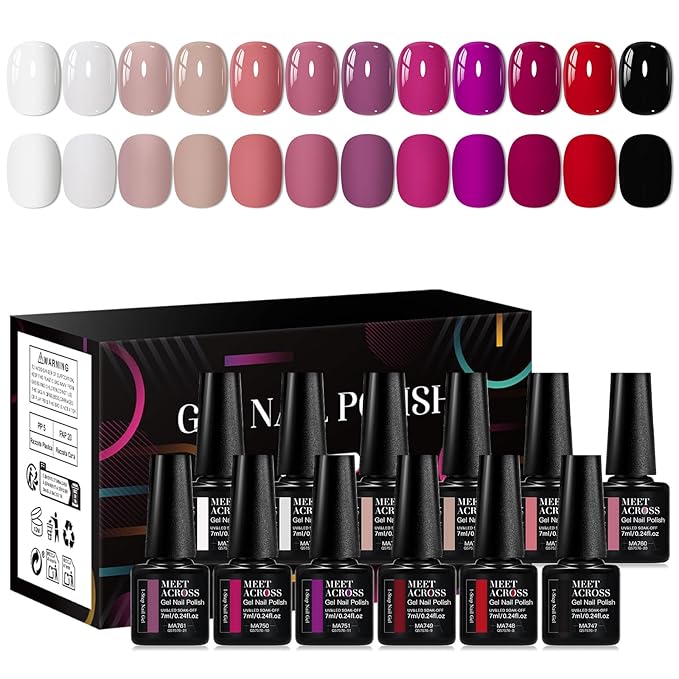 MEET ACROSS One Step Gel Nail Polish Set 12 Colors Nude Purple Red Black White Gel Polish Set Soak Off LED Starter Kit Nail Art DIY Manicure Gifts