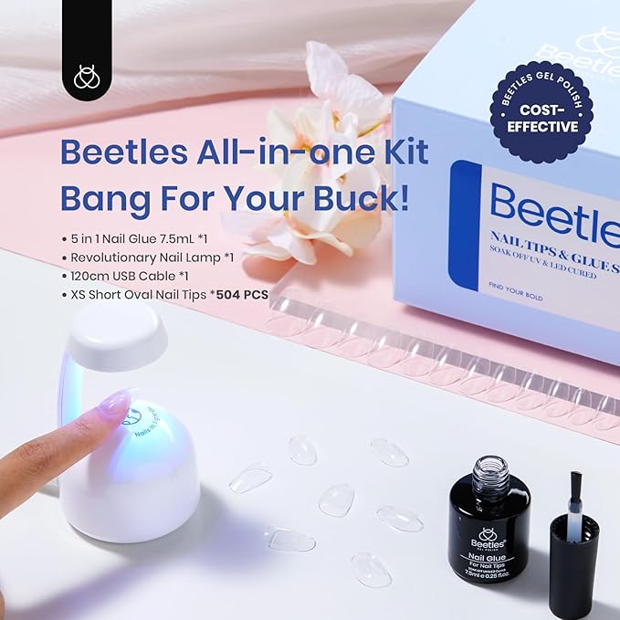 Beetles Gel Nail Kit Gel Nail Tips 504Pcs XS short oval Pre Shaped Clear Full Cover False Nail Tips with 5 in 1 Nail Glue and Reformatory Led Nail Lamp for Nail Art Diy Home Manicure