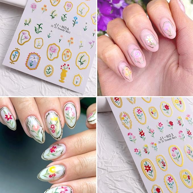 Colorful Flowers Nail Art Stickers 3D Self-Adhesive Cute Flower Nail Decals with Gold Edge Designs Nail Stickers Photo Frame Floral Leaf Nail decal Butterfly Bee Nail Sticker for Women DIY Nails Decor