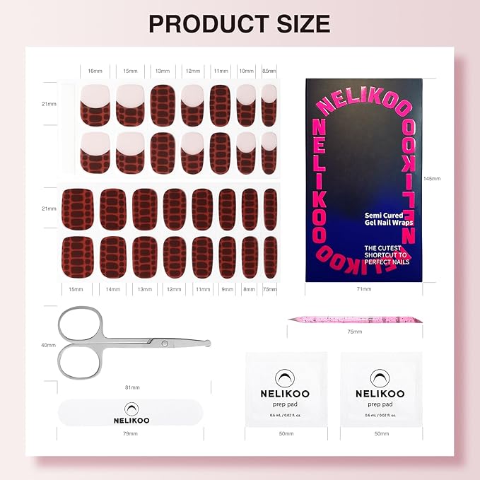 Semi Cured Gel Nail Strips - 30PCS Gel Nail Stickers for UV Light, Long-Lasting Gel Nail Wraps, Salon-Quality Semi Cured Nail Stickers, 2 Weeks Wear, Easy DIY Gel Manicure-Ebony Croc