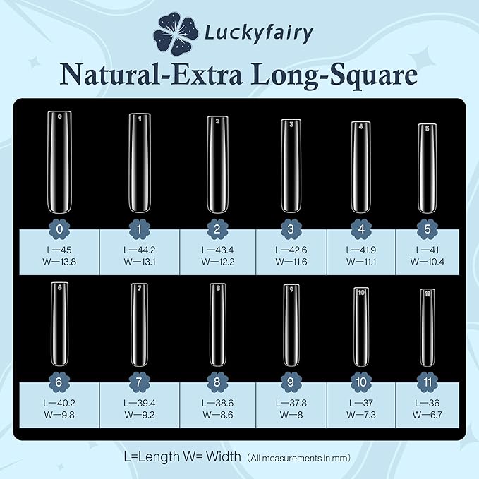 Extra Long Square Nail Tips, XXL 120Pcs 12 Sizes No C Curve Clear Acrylic Nails Straight Tapered Square Press on False Nail Tips for Nail Extension Nail Art Salon Home DIY