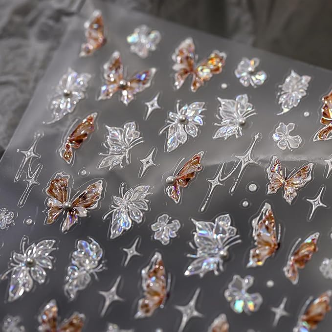 Butterfly Nail Stickers for Nail Art 5D Embossed Pearl Rhinestone Butterfly Nail Art Decals Laser Butterfly Flower Starlight Nail Designs Self Adhesive Nail Art Supplies for Women Nail Art Decoration