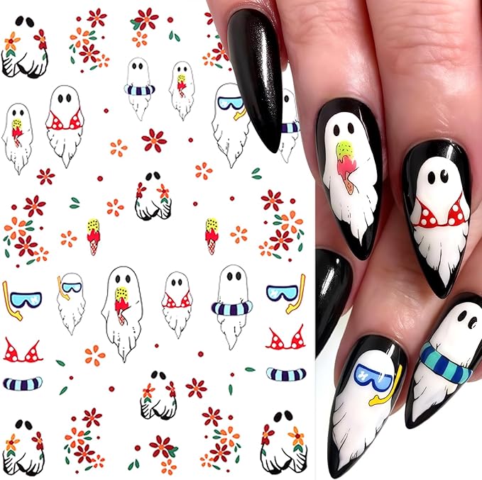 8 Sheets Halloween Nail Art Stickers Decals Ghost Pumpkin Nail Decals 3D Self-Adhesive Pink Mushroom Flower Ghost Nail Supplies Nail Decorations Gothic Nail Sticker for Women Halloween Party