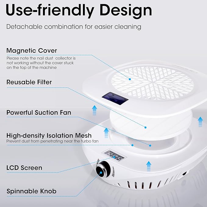 Gellen Nail Dust Collector with LED Display, 4000RPM Powerful Suction Vacuum Fan with Reusable Filter, Soft Ergonomic Shell Nail Vacuum Cleaner for Acrylic Nail Tech, Home & Salon