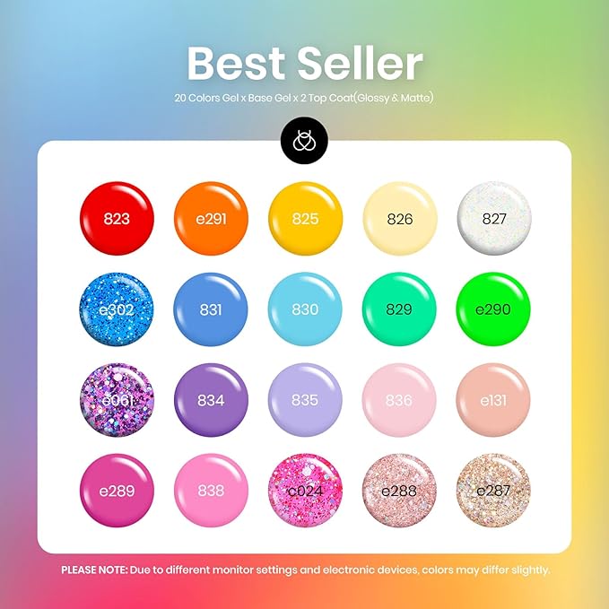 Beetles Summer Gel Nail Polish Set Green Pink Blue Glitter Nude Manicure Kit 23 Pcs 20 Colors Gifts for Women with Base Matte Glossy Top Coat Uv Lamp Needed Rainbow Magic