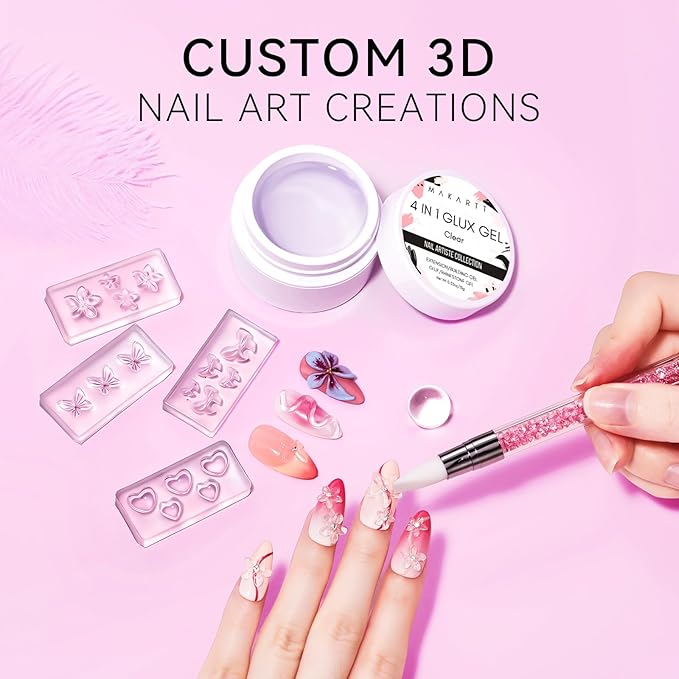 Makartt 3D Gel Nail Art: 4 in 1 Solid Gel Builder Kit for 15ML Nail Extension Gels, 4pcs Silicone Molds, 1 Sculpting Brush, UV Glue for Acrylic Nails Rhinestones Molding Manicure Hard Gels Kit