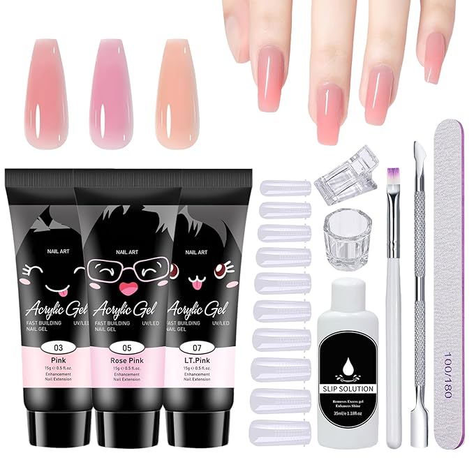 Poly Nail Gel Kit,10PCS Pink Poly Gel Nail Kit Starter Kit,Kit De Poly Gel Para Uñas Completo,with Slip Solution Dual Nail forms - Set C（Pink）