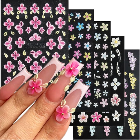 5D Embossed Flower Nail Stickers, 5PCS Colorful Floral Nail Art Stickers Pink Cherry Blossom Hibiscus Daisy Nail Decals Self-Adhesive Pegatinas para Uñas Spring Summer Decoration