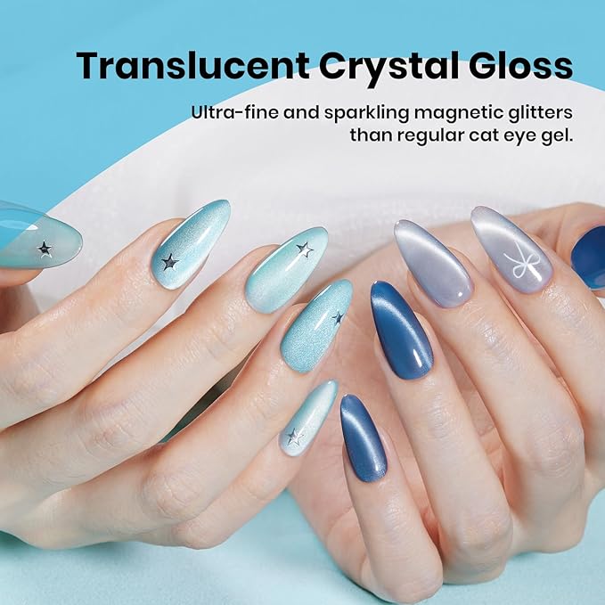 beetles Gel Polish Moonlit Mist Cat Eye Gel Nail Polish Set - 6 Colors Blue Glitter Fall Gel Nail Kit, Jelly Sheer Magnetic Shine Soak Off UV Gel for Salon DIY Manicure Gift for Women