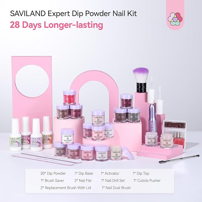 SAVILAND Advanced Dip Powder Nail Kit with Drill: 20 All Season Color Pink Nude Grey Dip Nails Powder Starter Kit with Essentials Liquid Set Dip Base Top Activator Brush Saver French Nail Art Women