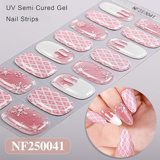 Christmas Semi Cured Gel Nail Strips, 16 Pcs Winter Xmas Gel Nail Stickers Snowflake Designs Wraps for UV/Led Manicure Lamp Nails Art Decorations