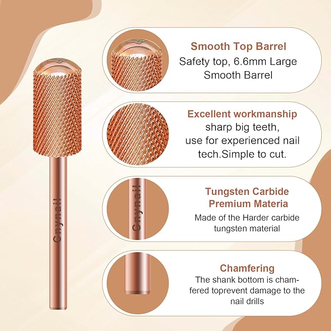3/32" Large Barrel Smooth Round Top Tungsten Carbide Nail Drill Bit Safety Bit for Gel & Acrylic Removal, 2-Way Rotating Efile Tip, Salon Electric File Accessory (F Grit, Rose Gold)