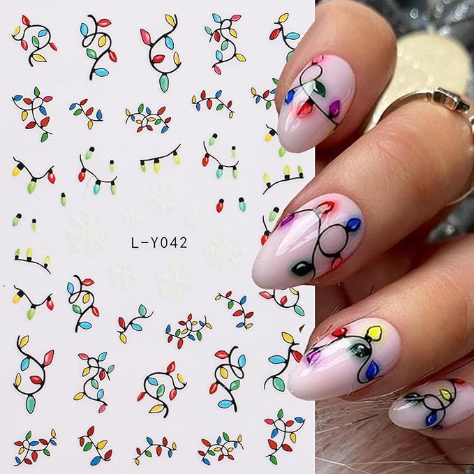 3Sheets Christmas Nail Art Stickers 3D Christmas Lights Tree Designs Nail Decals Self-Adhesive Santa Claus Gingerbread Man Nail Stickers Holly Sprigs Snowflake Nail Decal for Women DIY Manicure Decor
