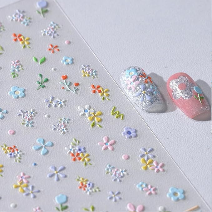 5D Embossed Flower Nail Stickers for Nail Art Summer Floral Leaf Nail Art Stickers Self-Adhesive Cute Nail Decals Supplies Design Sticker(1, Colorful Flower)