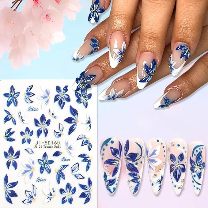 Flower Nail Art Stickers Decals 5D Embossed Nail Decals, 5 Sheets Colorful Flower Spring Summer Hibiscus Lily Floral Nail Art Design Self-Adhesive Nail Supplies Manicure Decorations for Women Girls