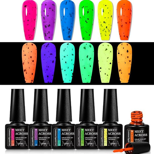 MEET ACROSS Glow in the Dark Eggshell Gel Nail Polish Set, 6 Colors Luminous Neon Gel Nail Polish Fluorescent Bright Colors Hot Pink Yellow Purple Nail Polish Soak off Nail Art Manicure Salon