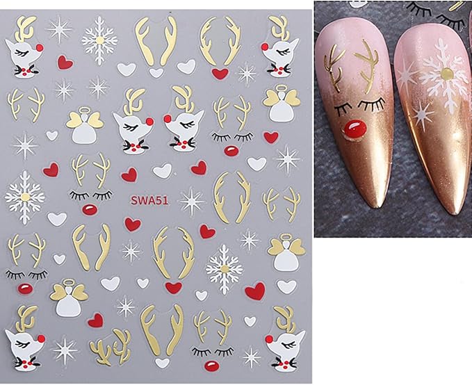 6 Sheets Cute Elk Nail Art Stickers for Nail Art 3D Christmas Nail Stickers Self-Adhesive Gold Silver Green Pink Red Glitter Elk Nails Decals Winter Snowflake Nails Decor for Women Acrylic Nails