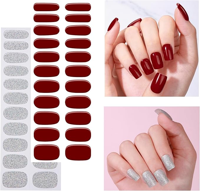 No Lamp Gel Nail Strips 44 Pcs Wraps - Burgundy+Silver, Easy Apply Gel Nail Stickers Long Lasting, Salon-Quality, 4 Prep Pads, 2 File, 2 Wooden Stick