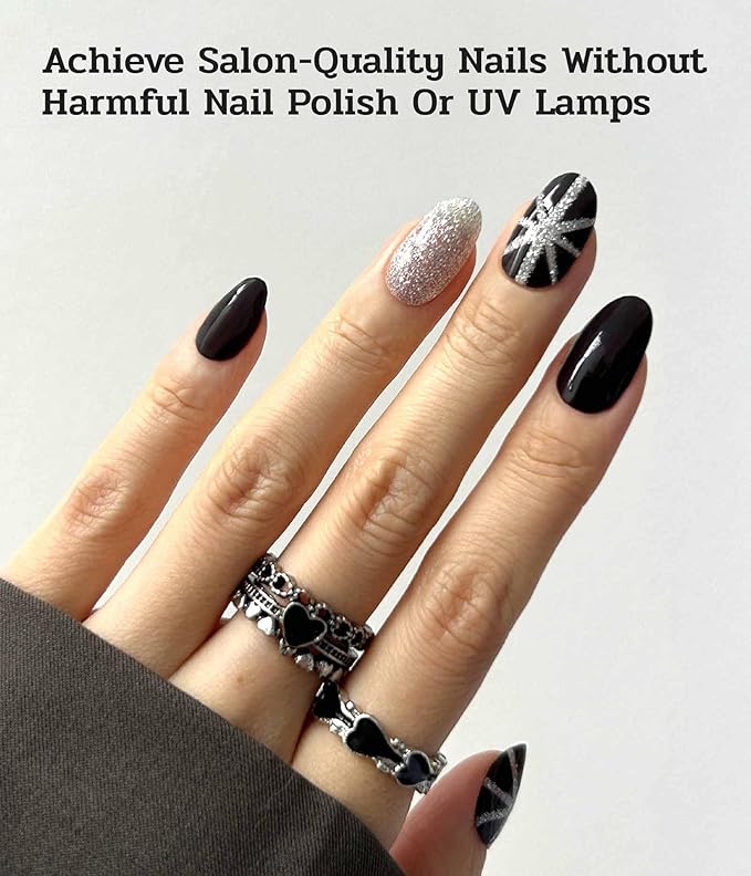 Nail Polish Strips - 22 Pcs Salon Quality Gel Nail Stickers - Long Lasting Wraps (Saint Black Glitter)