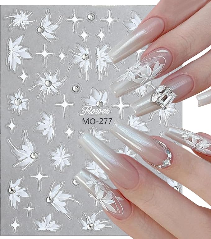 5D Embossed Snow Mowing Nail Art Stickers White Semitransparent Self Adhesive Diamond Flower Nails Stickers Spring Flower Nails Decals Floral Nails Supplies for Women Nail Art Decorations 3PCS