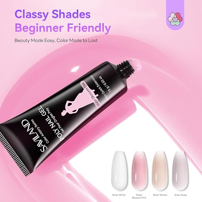 SAVILAND Poly Gel Nail Kit Starter: 4 Colors Natural Clear Poli Gel Para Uñas with Mini U V/LED Lamp Slip Solution Quick Dry Nourish Nails 28 Days Durable for Gifts Daily Nail Art DIY Salon Home Use