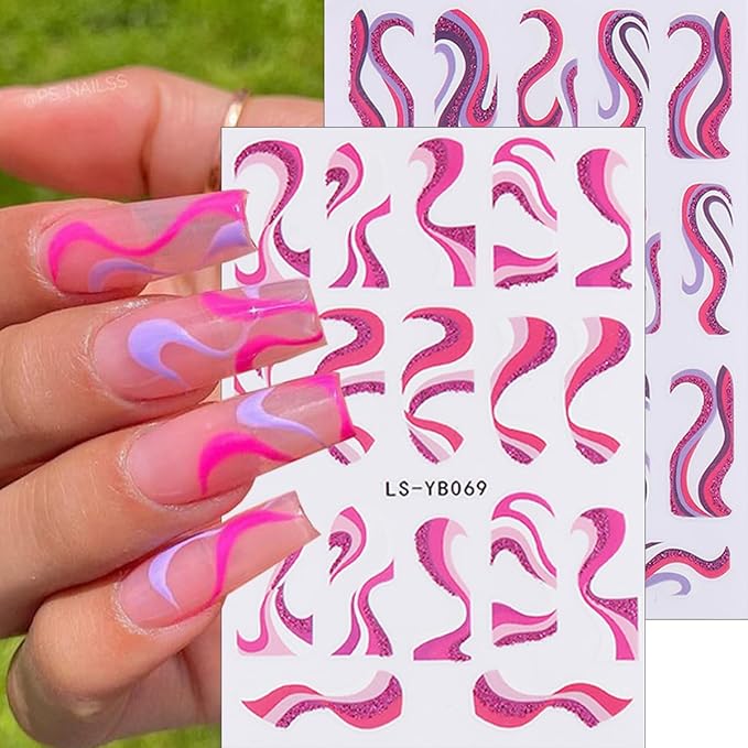 6Sheets Color French Nail Art Stickers 3D Self-Adhesive French Tip Line Nail Decals Colorful Geometric Curve Stripe Nail Stickers French Nail Tips Guides Nail Art Supplies for Women DIY Manicure Charm