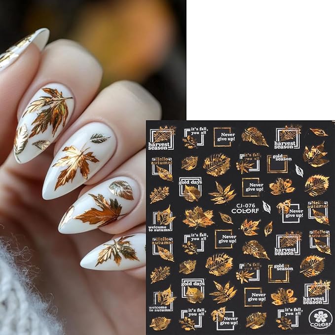 9 Sheets Fall Nail Stickers for Nail Art Maple Leaf Nail Decals Flower Tree Maple Leaves Design Decals D Self-Adhesive Glitter Gold Nail Sticker Thanksgiving Day Nail Art Stickers for Nails Tips