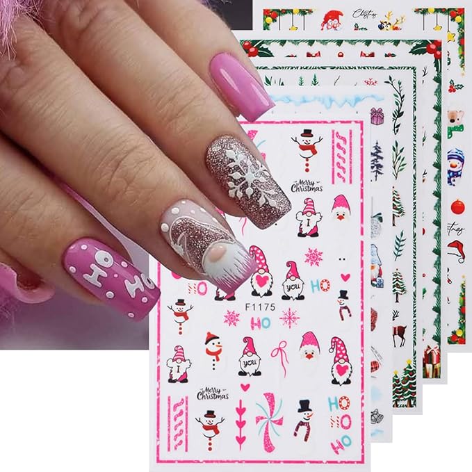 5 Sheets Christmas Nail Art Stickers Elk Nail Decals with Cartoon Xmas Tree Santa Claus Snowman Design 3D Self-Adhesive Nail Stickers Acrylic Nail Supplies for Women DIY Christmas Decorations
