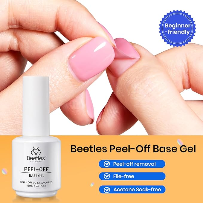 Beetles Peel Off Gel Base Coat for Gel Nail Polish: 15ml Peel Off Base Coat, Soak Off-Free Easy Removal without Damage, Long Lasting U V LED Lamp Cure for Beginners DIY Manicure Weak Thin Nails