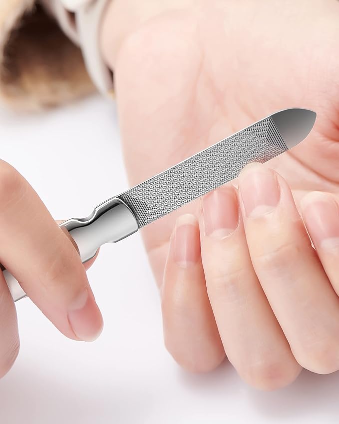 Nail File,Professional Double Sided Stainless Steel Nail File with Non-Slip Handle and Leather Case,Nail Buffering Files Washable,Metal Nail File for Men and Women
