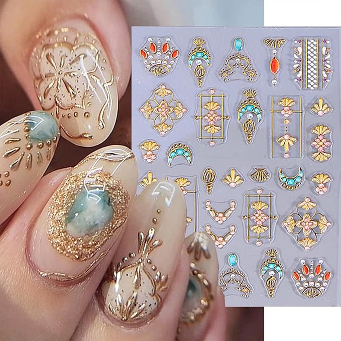 2 Sheets Bohemian Style 5D Embossed Nail Stickers for Nail Art Self-Adhesive Star Moon Sun Nail Decals Colorful Glitter Gems Nail Design Stickers Bohemia Nails Art Supplies for Women Manicure Tips