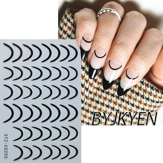 French Tip Nail Stickers for Nail Art 6 Sheets Crystal Diamond Nail Design Decals 3D Self-Adhesive Black Gold Silver French Line Nail Art Stickers Nail Tips Sticker Manicure DIY Decoration for Women