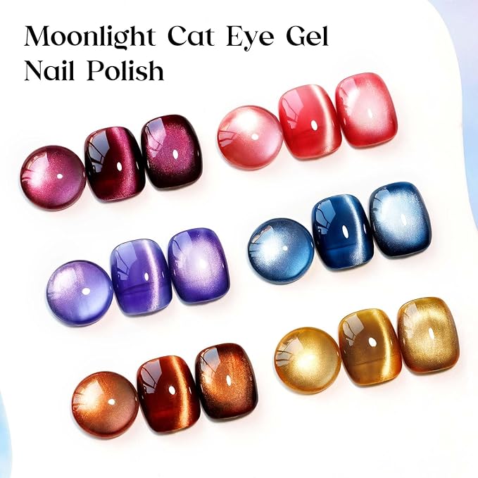 MIZHSE Cat Eye Gel Nail Polish, 6 Colors Moonlight Ceramic Magnetic Gel Nail Polish with Magnet Stick, Trendy French Cateye Polish Kit Soak off Nail Art DIY Salon Gift for Women