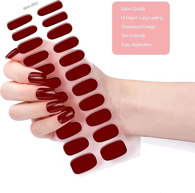 No Lamp Gel Nail Strips 44 Pcs Wraps - Burgundy+Silver, Easy Apply Gel Nail Stickers Long Lasting, Salon-Quality, 4 Prep Pads, 2 File, 2 Wooden Stick